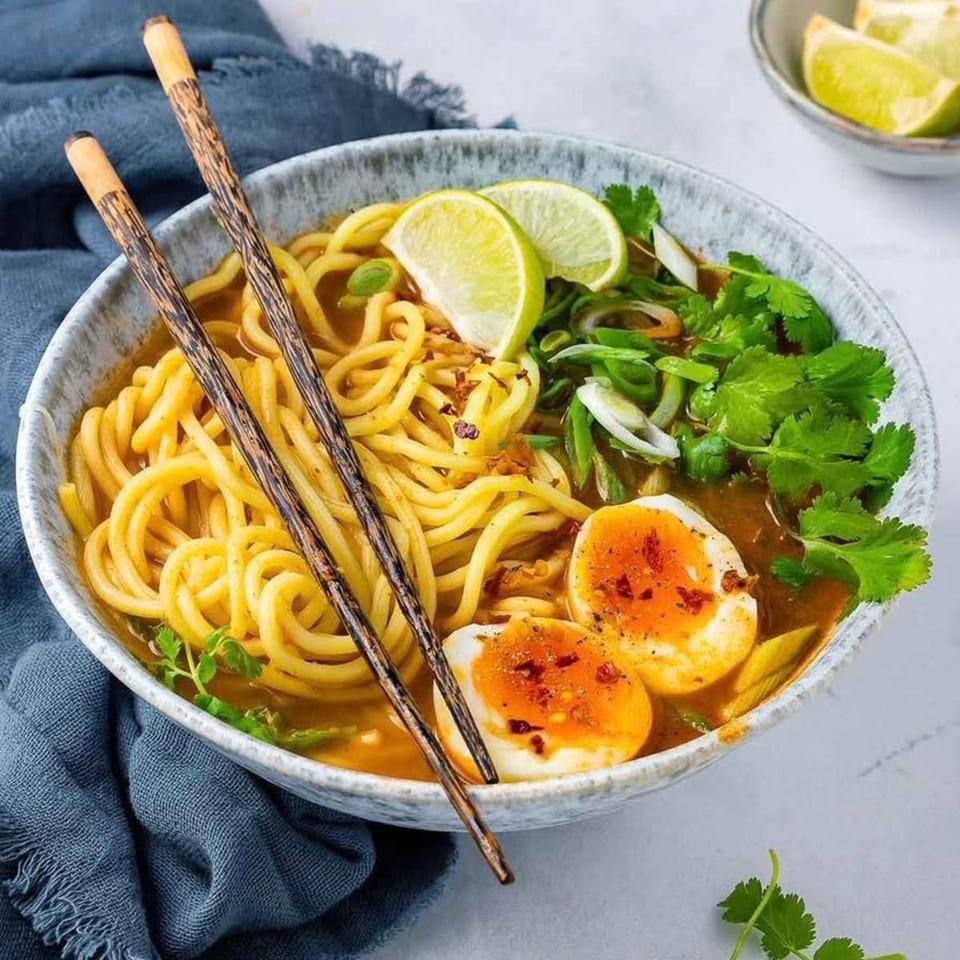 A bowl of Pho-Chau ramen with noodles, soft-boiled eggs, lime, and cilantro, with chopsticks.