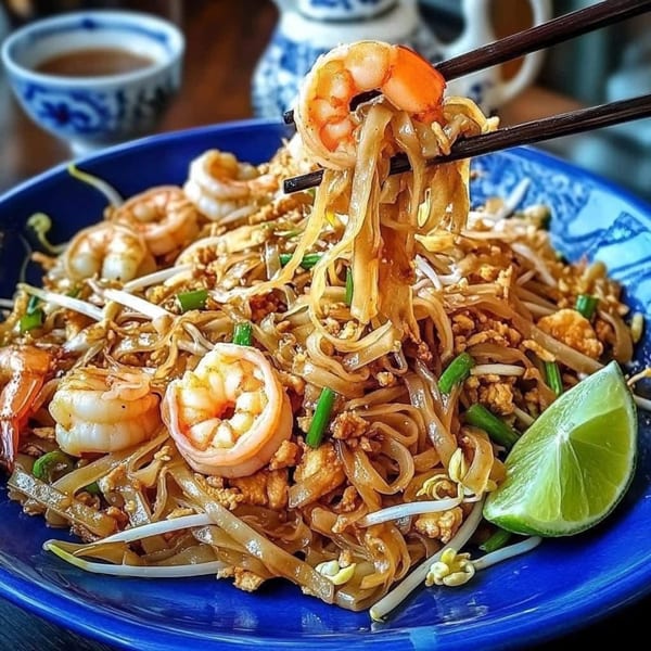Chopsticks lifting shrimp and noodles from a blue plate of Vietnamese Pad Thai with lime.