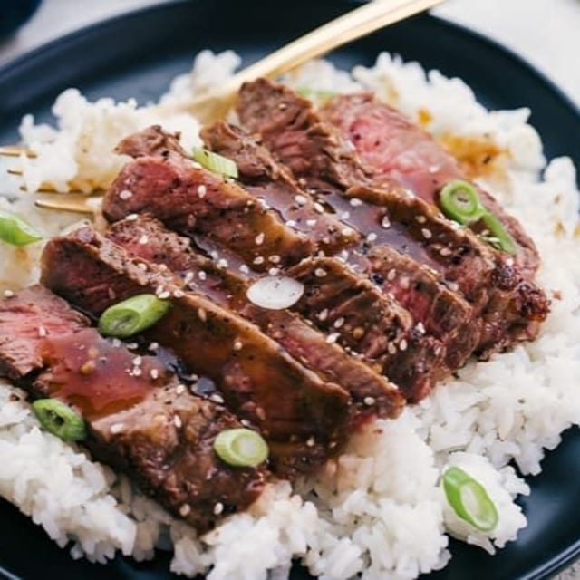 Marinated Steak with Rice.