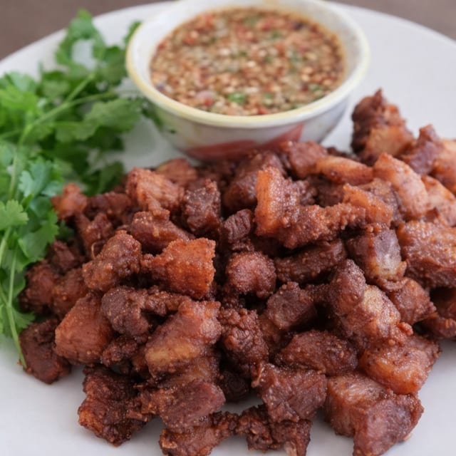 Crispy Pork Belly with Spicy Lime Sauce.