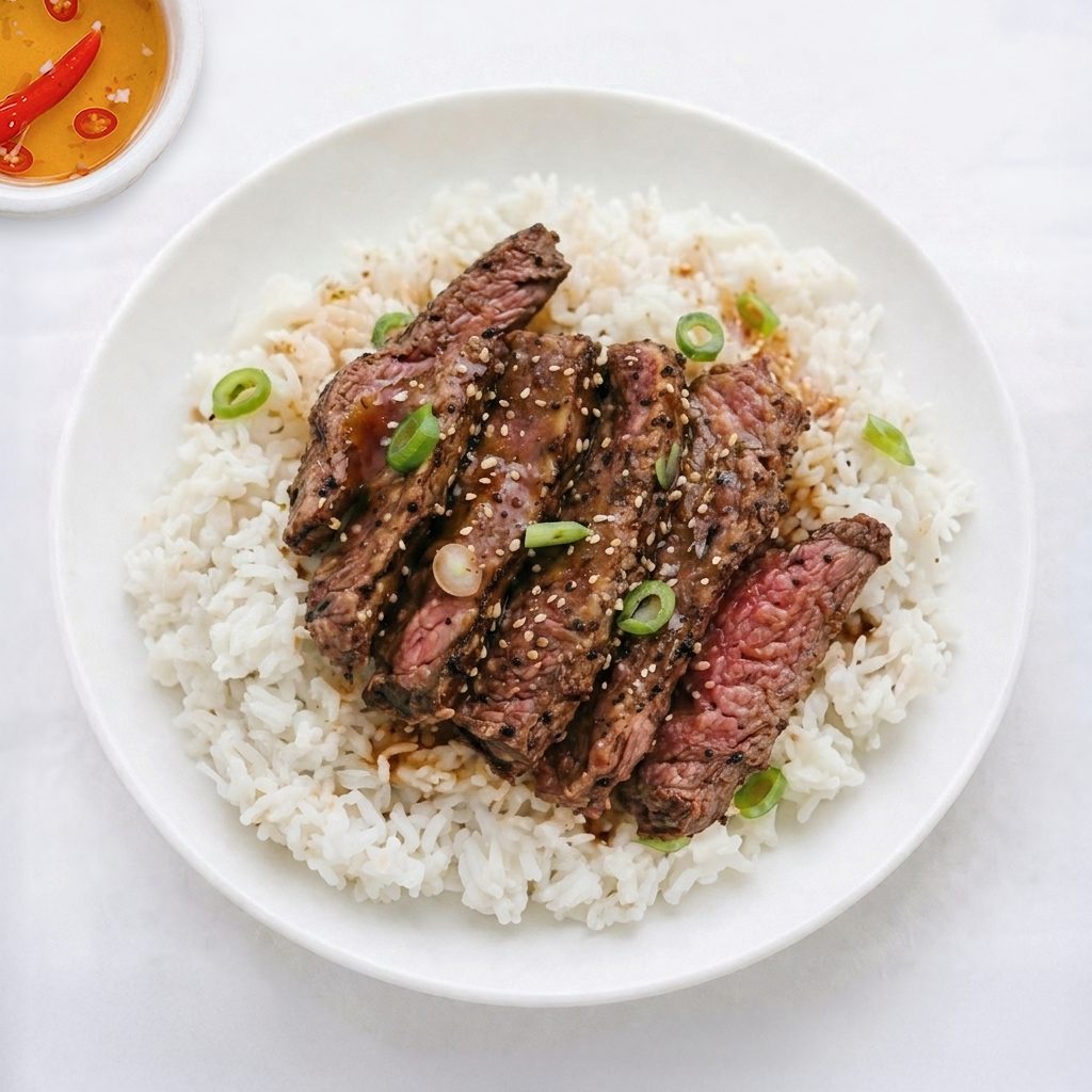 Marinated Steak with Rice.
