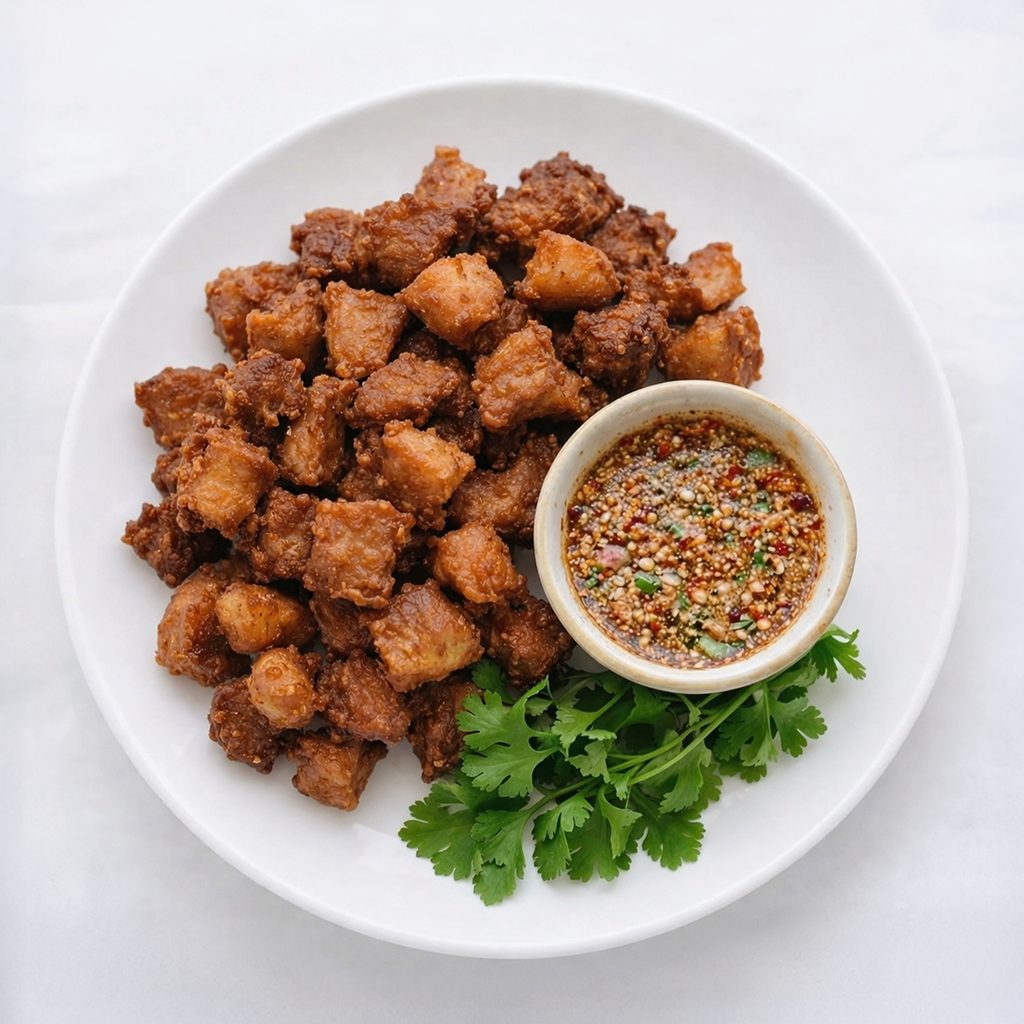 Crispy Pork Belly with Spicy Lime Sauce.